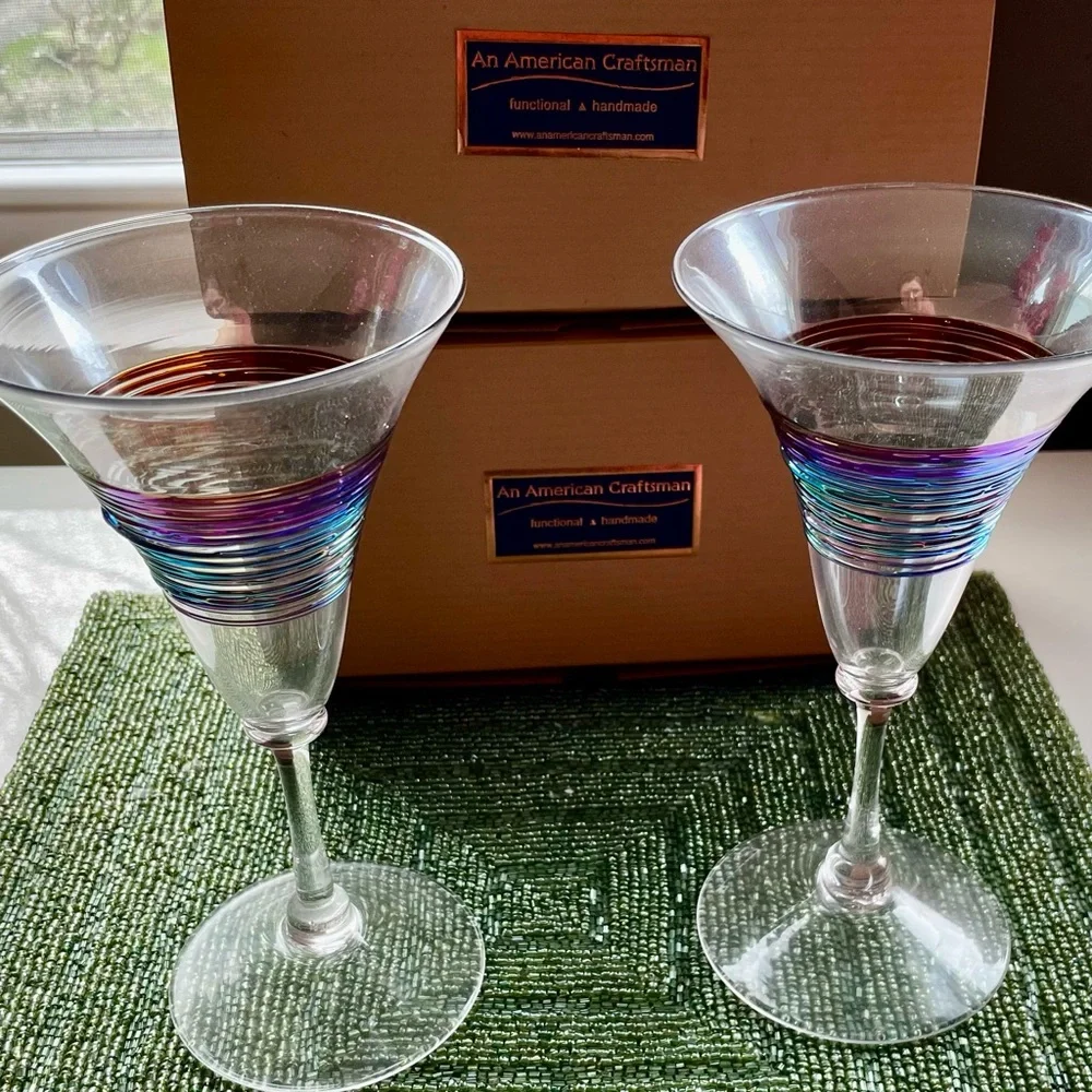 Venetian Wine Glass, Rainbow spun by An American Craftsman, MINH -Set of 2 NIB